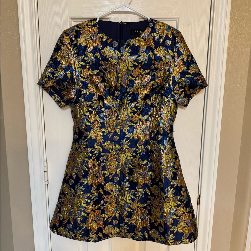 AKIRA Gold and Blue Brocade Dress